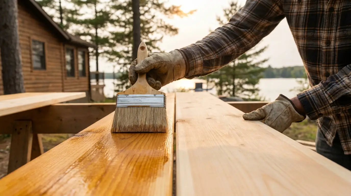 Amber stain applied to restored deck boards